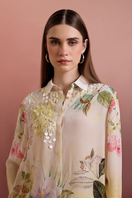 Shop Pankaj & Nidhi Multi Color Silk, Crepe Collared Embellished High-low Shirt And Straight Pants Online at Aza Fashions Shop_Pankaj & Nidhi_Multi Color Silk, Crepe Collared Embellished High-low Shirt And Straight Pants _Online_at_Aza_Fashions