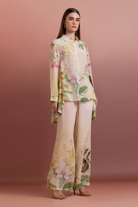 Pankaj & Nidhi_Multi Color Silk, Crepe Embroidery, Sequins Embellished High-low Shirt _Online_at_Aza_Fashions