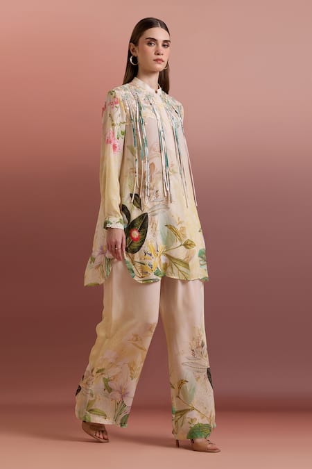 Pankaj & Nidhi Multi Color Silk, Crepe Embroidery, Sequins Mandarin Embellished Relaxed Tunic 