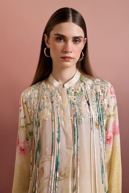 Pankaj & Nidhi_Multi Color Silk, Crepe Embroidery, Sequins Mandarin Embellished Relaxed Tunic _Online_at_Aza_Fashions