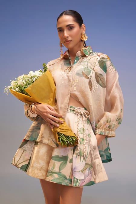 Pankaj & Nidhi Multi Color Lurex, Linen Sequins, Embellished Relaxed Shirt And Pleated Skorts 