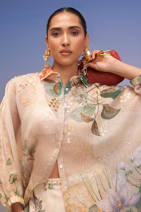 Pankaj & Nidhi_Multi Color Lurex, Linen Sequins, Embroidery Collared Embellished Relaxed Shirt _Online_at_Aza_Fashions