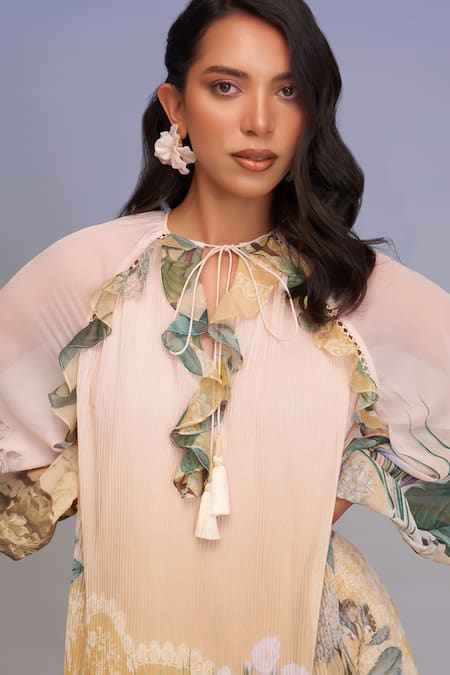 Pankaj & Nidhi_Multi Color Chiffon Tassels, Ruffles Open Neck Floral Pleated Mini Dress  _Online_at_Aza_Fashions