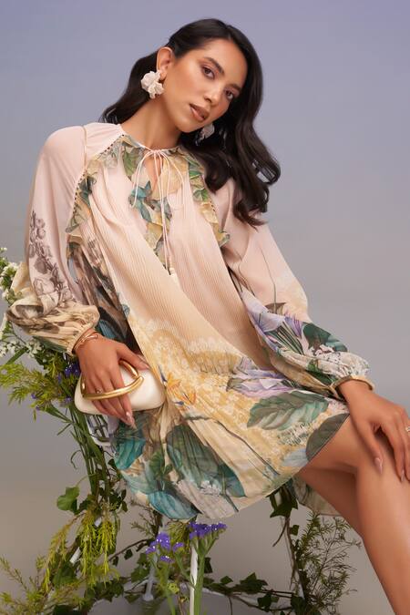 Buy_Pankaj & Nidhi_Multi Color Chiffon Tassels, Ruffles Open Neck Floral Pleated Mini Dress  _Online_at_Aza_Fashions