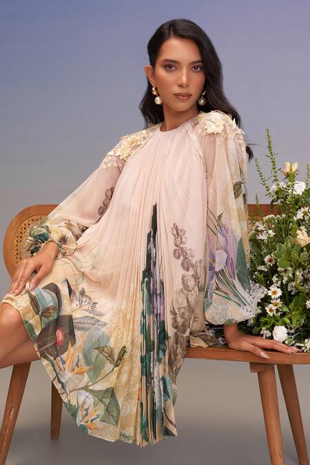 Pankaj & Nidhi_Multi Color Chiffon Embroidery Round Neck Pleated Mini Dress _Online_at_Aza_Fashions