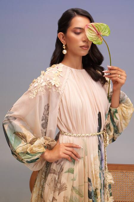 Buy_Pankaj & Nidhi_Multi Color Chiffon Embroidery Round Neck Pleated Mini Dress _Online_at_Aza_Fashions