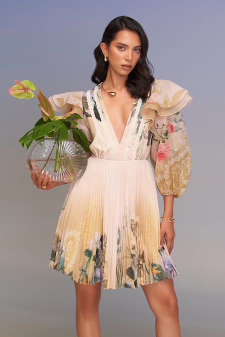 Pankaj & Nidhi_Multi Color Chiffon, Organza Embroidery V-neck Floral Cut-out Mini Dress _Online_at_Aza_Fashions