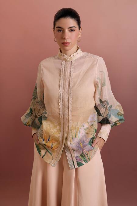 Pankaj & Nidhi_Multi Color Lurex, Linen Collared Floral Print Relaxed Fit Shirt _Online_at_Aza_Fashions