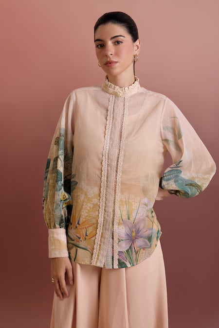 Pankaj & Nidhi Multi Color Lurex, Linen Collared Floral Print Relaxed Fit Shirt 