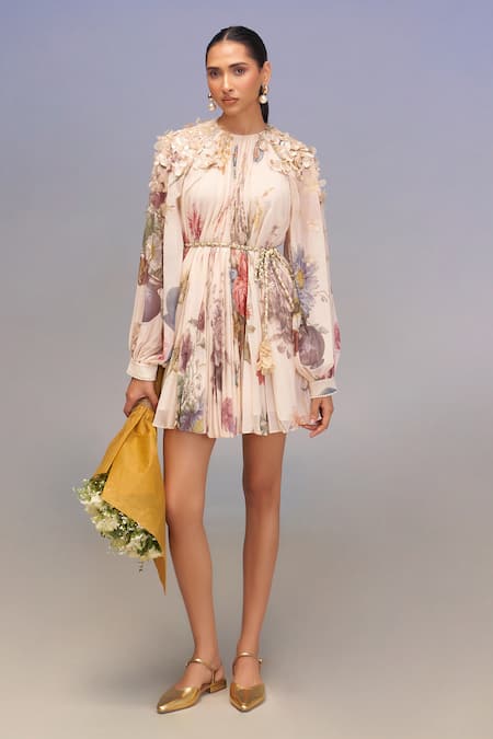 Pankaj & Nidhi Beige Chiffon Fabric Flowers Round Neck Floral Pleated Mini Dress 