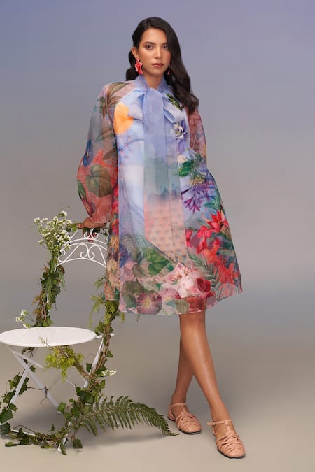 Pankaj & Nidhi Blue Organza Open Neck Floral Bow-tie Midi Dress 