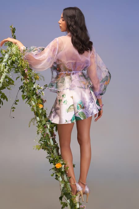 Pankaj & Nidhi Embellished Organza Jacket & Pleated Skorts 