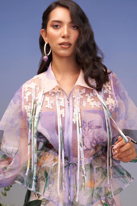 Pankaj & Nidhi Purple Organza Embroidery Collared Embellished Jacket Online at Aza Fashions Pankaj & Nidhi_Purple Organza Embroidery Collared Embellished Jacket _Online_at_Aza_Fashions