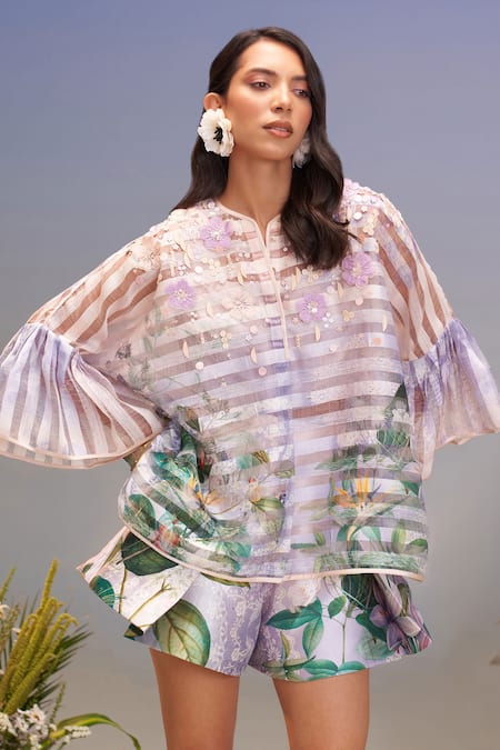 Pankaj & Nidhi Purple Organza, Satin Embroidery Mandarin Collar Striped Top And Mini Skorts 