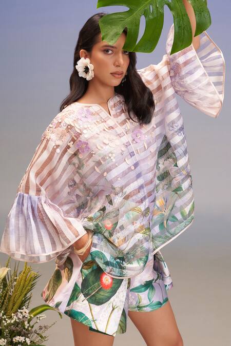 Pankaj & Nidhi_Purple Organza, Satin Embroidery Collared Striped Top And Mini Skorts _Online_at_Aza_Fashions