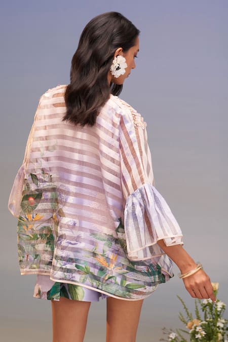 Pankaj & Nidhi Purple Striped Organza Relaxed Fit Top 