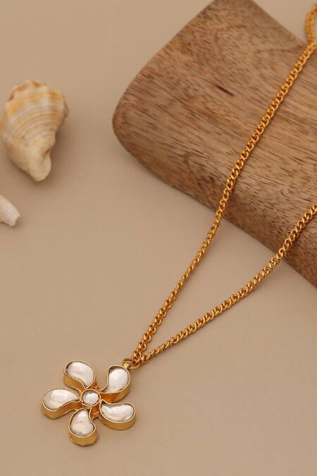 Shop_Ruby Raang_Gold Plated Polki Kundan Flower Necklace _Online_at_Aza_Fashions