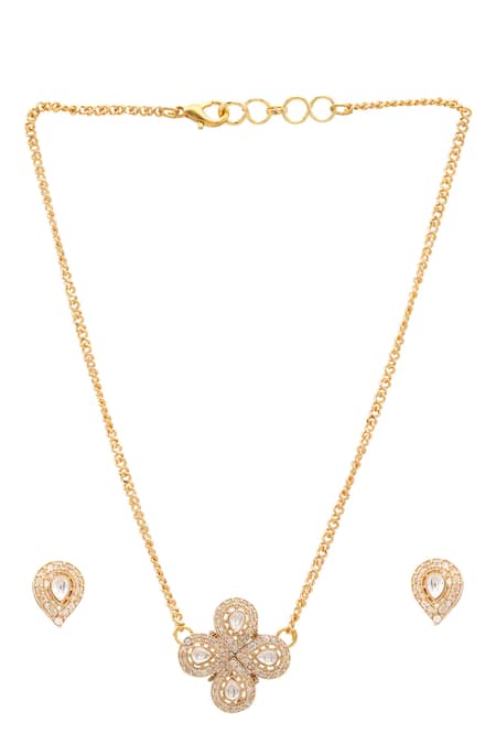 Shop Ruby Raang Gold Plated Stones, Pearls Polki Kundan Necklace Set at Aza Fashions Shop_Ruby Raang_Gold Plated Stones, Pearls Polki Kundan Necklace Set _at_Aza_Fashions