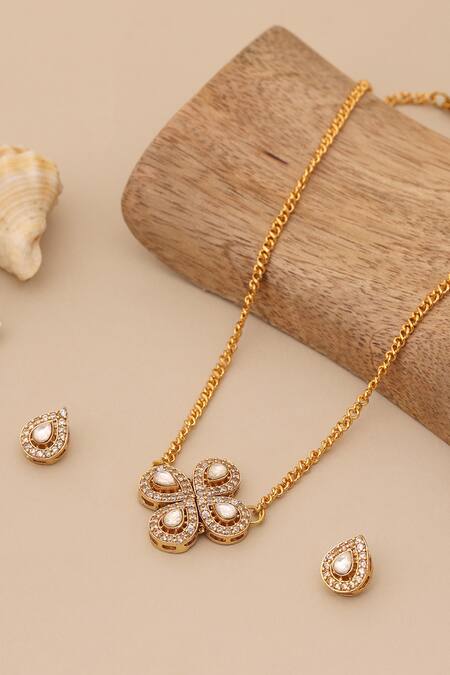 Shop Ruby Raang Gold Plated Stones, Pearls Polki Kundan Necklace Set Shop_Ruby Raang_Gold Plated Stones, Pearls Polki Kundan Necklace Set