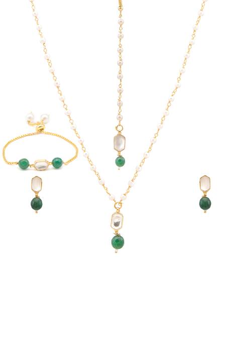 Ruby Raang_Green Stones, Beads Gold Plated Polki Kundan Jewellery Set _at_Aza_Fashions
