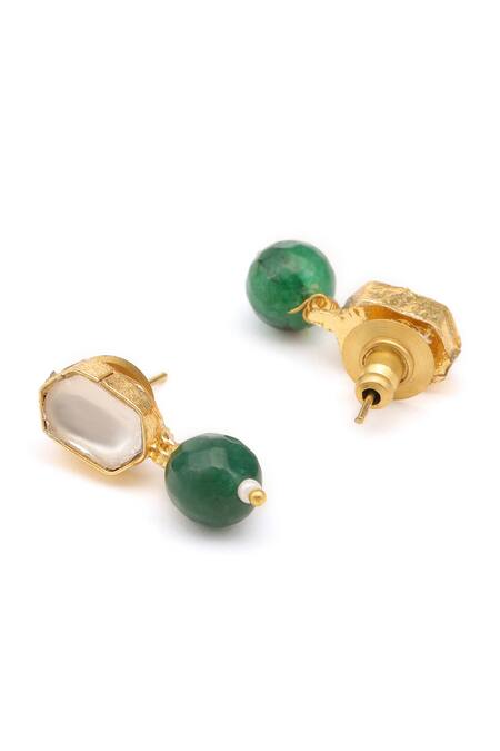 Shop Ruby Raang Green Stones, Beads Gold Plated Polki Kundan Jewellery Set Shop_Ruby Raang_Green Stones, Beads Gold Plated Polki Kundan Jewellery Set