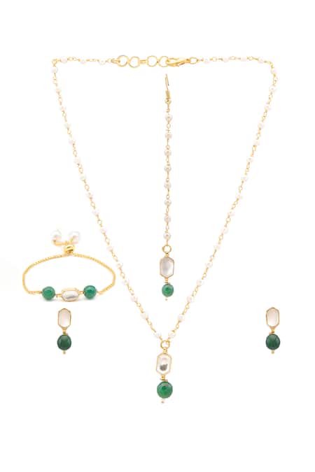 Ruby Raang Gold Plated Green Polki Kundan Jewellery Set 