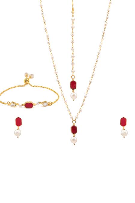 Ruby Raang_Maroon Gold Plated Kundan Jewellery Set _at_Aza_Fashions