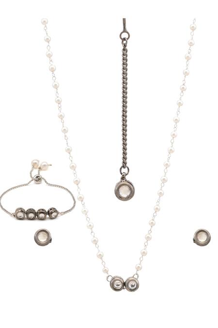 Buy_Ruby Raang_Silver Plated Pearls Kundan Jewellery Set _Online_at_Aza_Fashions