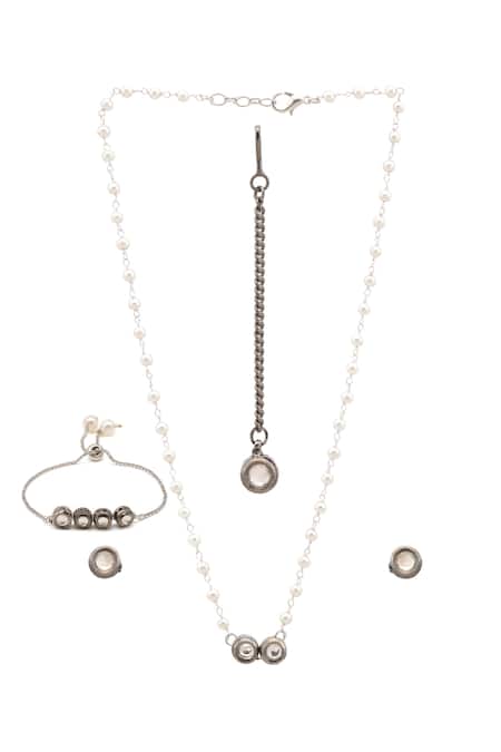 Shop Ruby Raang Silver Plated Pearls Kundan Jewellery Set at Aza Fashions Shop_Ruby Raang_Silver Plated Pearls Kundan Jewellery Set _at_Aza_Fashions