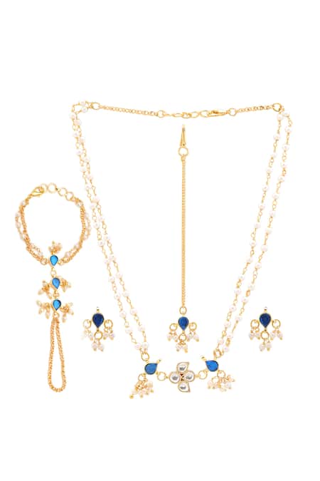 Shop_Ruby Raang_Blue Beads, Pearls, Gemstones Polki Kundan Jewelry Set _at_Aza_Fashions