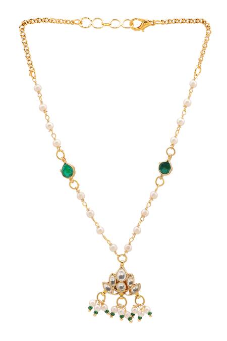 Ruby Raang_Green Stones, Pearls, Gold Plated Kundan Jewellery Set _at_Aza_Fashions