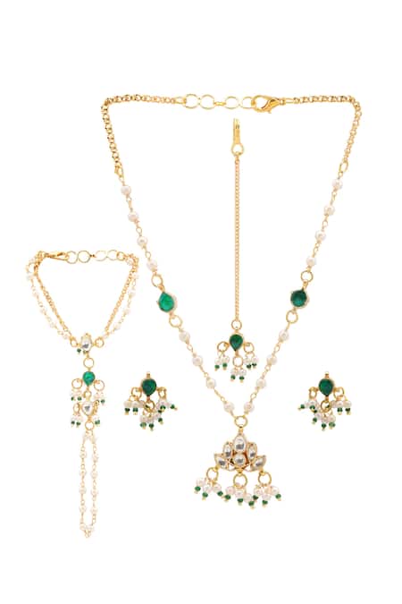 Shop_Ruby Raang_Green Stones, Pearls, Gold Plated Kundan Jewellery Set _at_Aza_Fashions