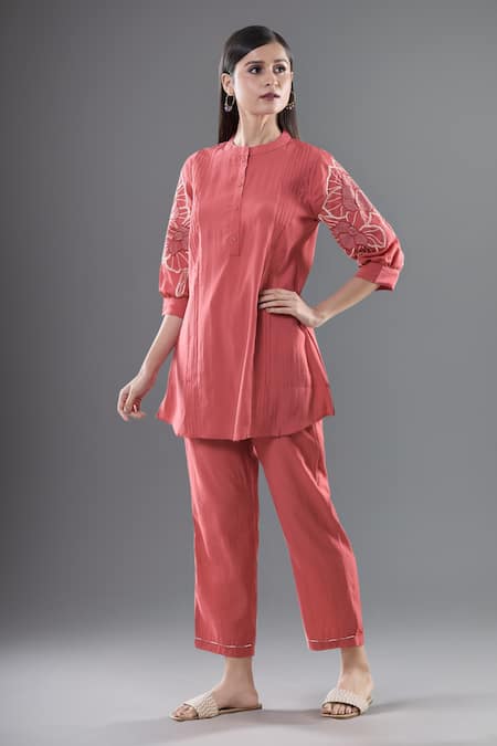Samyukta Singhania Red Viscose Applique Bandeau Neck Embroidered Tunic And Pant Set 
