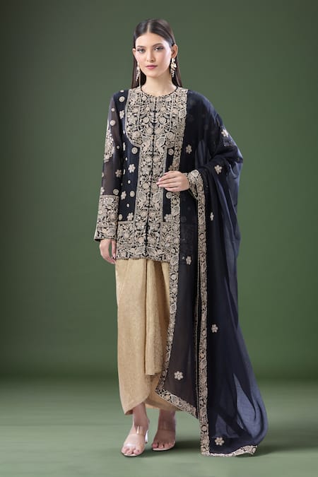 Anamika Khanna Black Embroidery Round Neck Floral Kurta Draped Skirt Set 