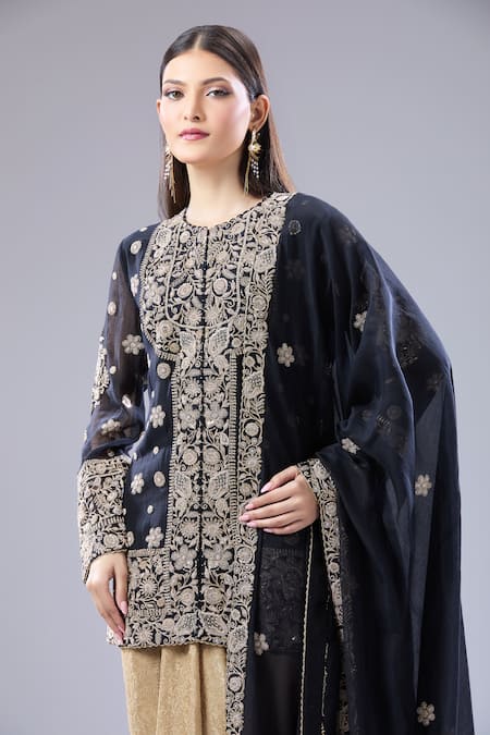 Buy Anamika Khanna Black Embroidery Round Neck Floral Kurta Draped Skirt Set Online at Aza Fashions Buy_Anamika Khanna_Black Embroidery Round Neck Floral Kurta Draped Skirt Set _Online_at_Aza_Fashions