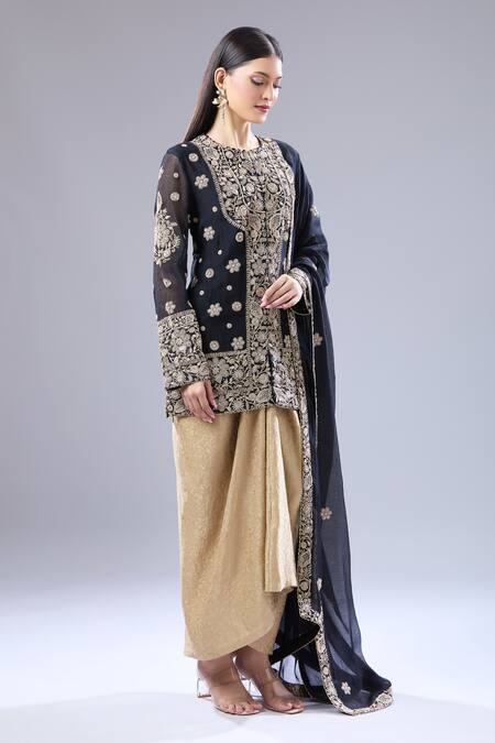 Shop Anamika Khanna Black Embroidery Round Neck Floral Kurta Draped Skirt Set Online at Aza Fashions Shop_Anamika Khanna_Black Embroidery Round Neck Floral Kurta Draped Skirt Set _Online_at_Aza_Fashions