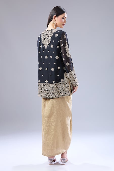 Anamika Khanna Floral Embroidered Kurta Draped Skirt Set 