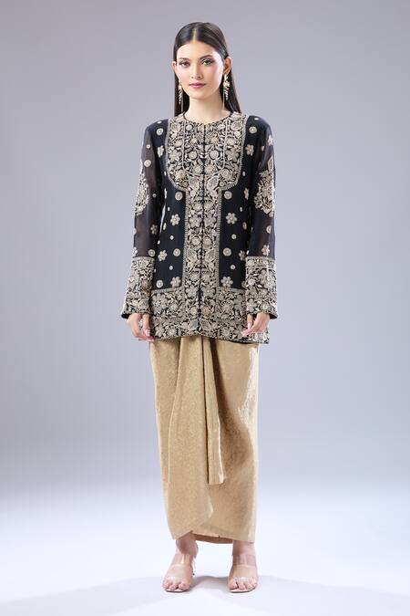 Anamika Khanna Black Embroidery Round Neck Floral Kurta Draped Skirt Set at Aza Fashions Anamika Khanna_Black Embroidery Round Neck Floral Kurta Draped Skirt Set _at_Aza_Fashions