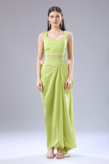 Anamika Khanna_Green Floral Embroidered Cape Draped Skirt Set _Online_at_Aza_Fashions