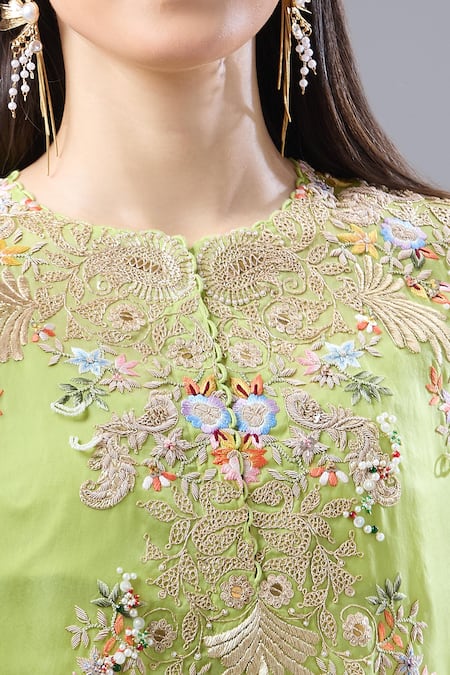 Shop_Anamika Khanna_Green Floral Embroidered Cape Draped Skirt Set _Online_at_Aza_Fashions