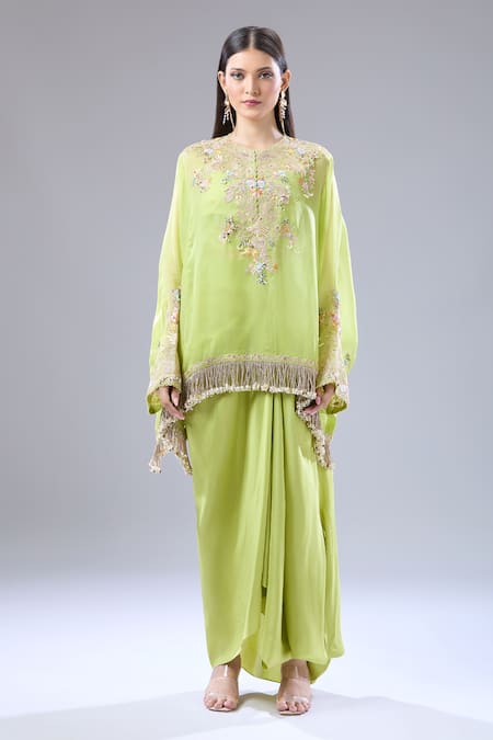 Anamika Khanna_Green Floral Embroidered Cape Draped Skirt Set _at_Aza_Fashions