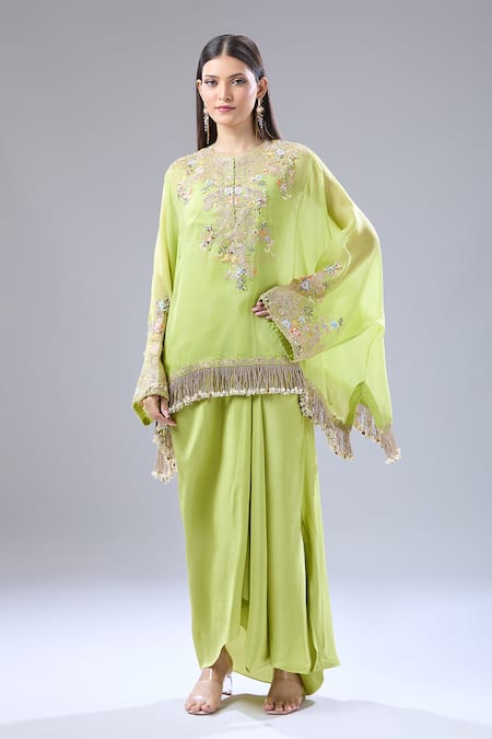 Buy_Anamika Khanna_Green Floral Embroidered Cape Draped Skirt Set 