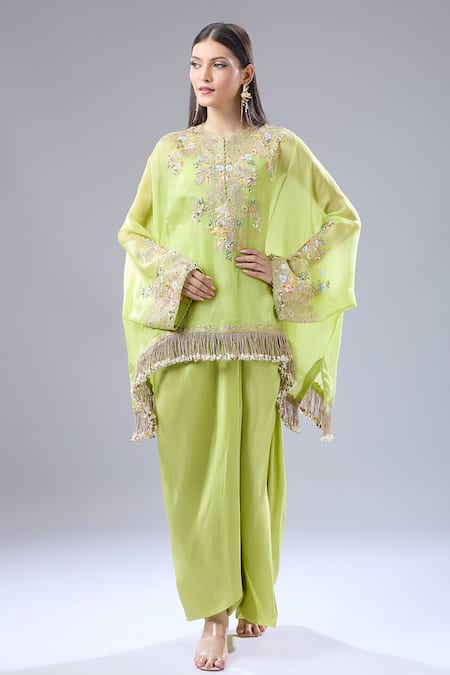 Shop_Anamika Khanna_Green Floral Embroidered Cape Draped Skirt Set 