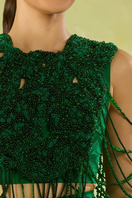 Anamika Khanna Green Beads, Embroidery, Feathers Crew Neck Skirt Set Online at Aza Fashions Anamika Khanna_Green Beads, Embroidery, Feathers Crew Neck Skirt Set _Online_at_Aza_Fashions