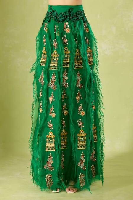 Buy Anamika Khanna Green Beads, Embroidery, Feathers Crew Neck Skirt Set Online at Aza Fashions Buy_Anamika Khanna_Green Beads, Embroidery, Feathers Crew Neck Skirt Set _Online_at_Aza_Fashions
