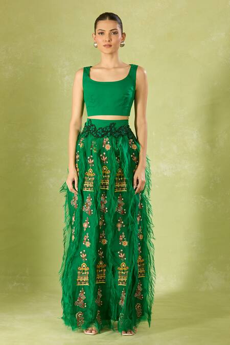 Shop Anamika Khanna Green Beads, Embroidery, Feathers Crew Neck Skirt Set Online at Aza Fashions Shop_Anamika Khanna_Green Beads, Embroidery, Feathers Crew Neck Skirt Set _Online_at_Aza_Fashions