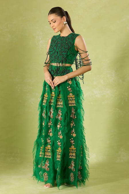 Anamika Khanna Green Beads, Embroidery, Feathers Crew Neck Skirt Set at Aza Fashions Anamika Khanna_Green Beads, Embroidery, Feathers Crew Neck Skirt Set _at_Aza_Fashions
