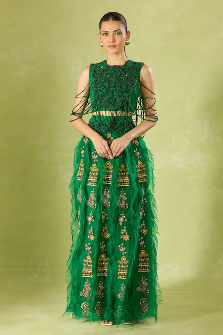 Buy Anamika Khanna Green Beads, Embroidery, Feathers Crew Neck Skirt Set Buy_Anamika Khanna_Green Beads, Embroidery, Feathers Crew Neck Skirt Set