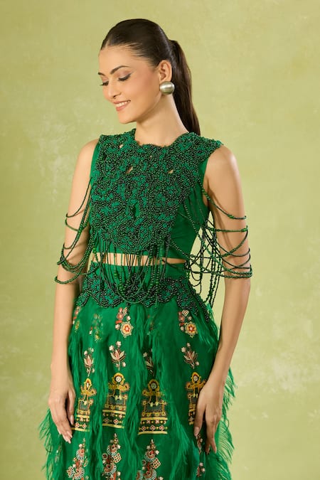 Shop Anamika Khanna Green Beads, Embroidery, Feathers Crew Neck Skirt Set Shop_Anamika Khanna_Green Beads, Embroidery, Feathers Crew Neck Skirt Set
