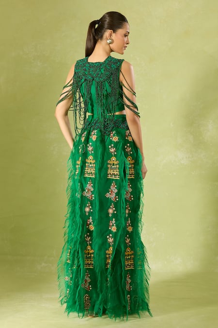 Shop Anamika Khanna Green Beads, Embroidery, Feathers Crew Neck Skirt Set at Aza Fashions Shop_Anamika Khanna_Green Beads, Embroidery, Feathers Crew Neck Skirt Set _at_Aza_Fashions